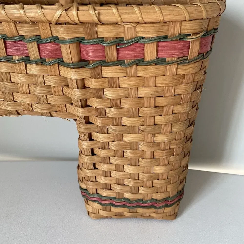 Vintage Rustic Country Woven Stair Basket Cottagecore Tan Red Green 13' x 14'